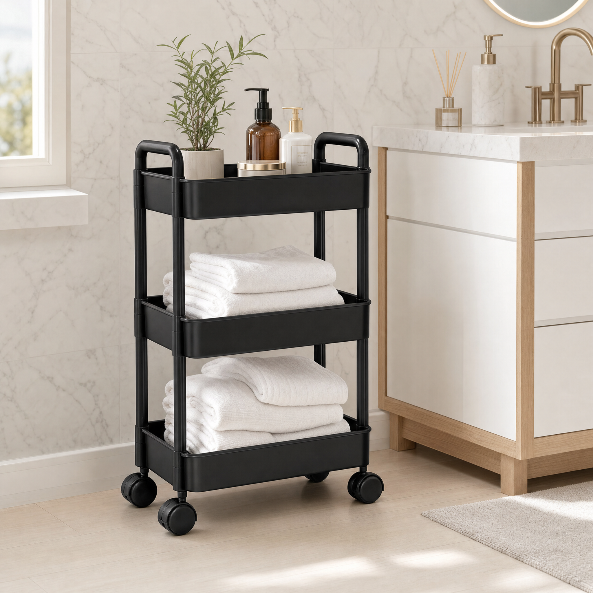 Black 3-tier rolling cart holding towels and toiletries beside a bathroom vanity